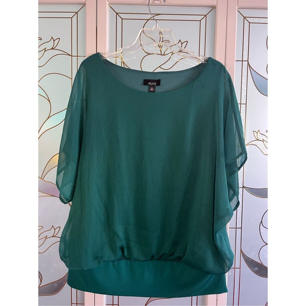 Alyx Blouse Emerald Green Size XL Built-in Tank Top- Sheer overlay and sleeves -